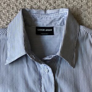 Giorgio Armani Women’s Blue and White Striped Button Down Shirt
